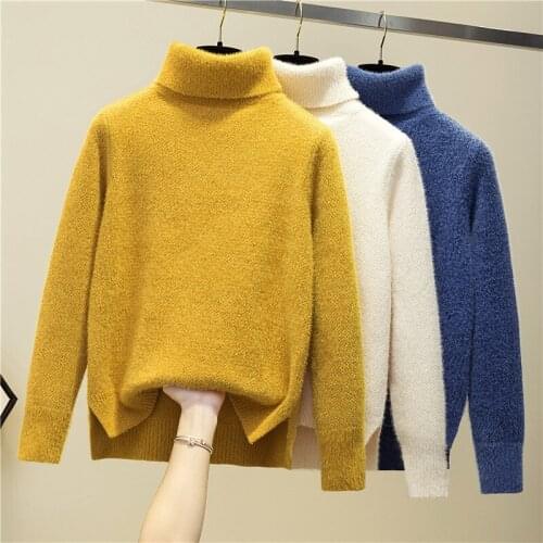 Autumn and Winter Womens Sweaters Fashion Imitate Mink Cashmere Solid Color Knitted Woman Sweaters TurtleNeck Slim Lady Sweaters