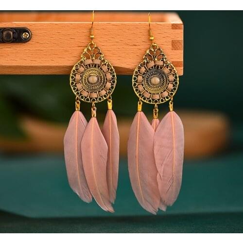 Summer Bohemian Pink Feather Earrings For Women Vintage Dream Catcher Hollow Alloy Earrings Brincos Indian Jewelry