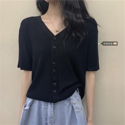 Plus Size Thin Knitted Cardigan Women Summer 2021 Loose T Shirt Casual V Neck Button Up Lady Cardigans Short Sleeve Tops Black