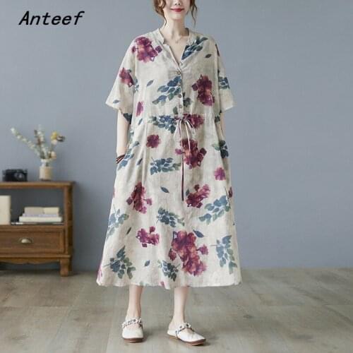 Short sleeve cotton linen vintage floral dresses for women casual loose long woman summer dress elegant clothes 2021