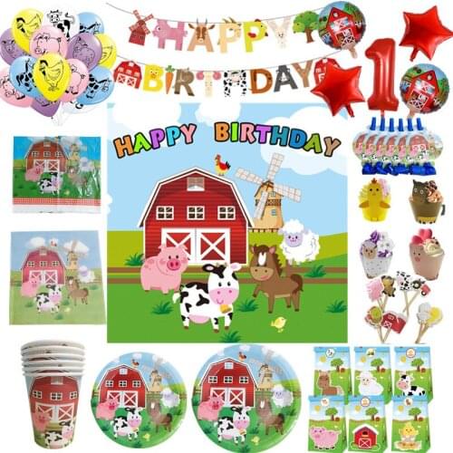 Farm Animals Theme Backdrop Kids Birthday Party Decoration Paper Napkins Plates Cups Bags Disposable Tableware Decorative Ballon