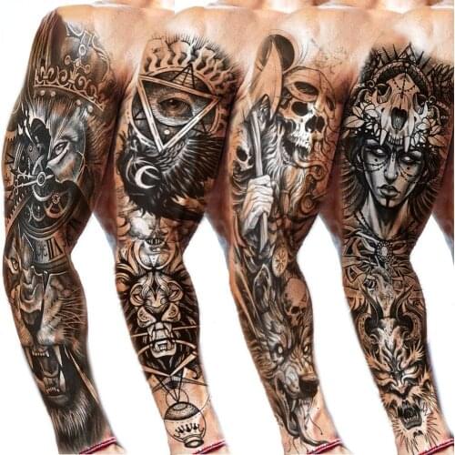 Fake Tattoo Lion Warrior For Men Waterproof Temporary Snake Flower Sticker Totem Geometric Full Arm Large Size Sleeve Tatoo Boys