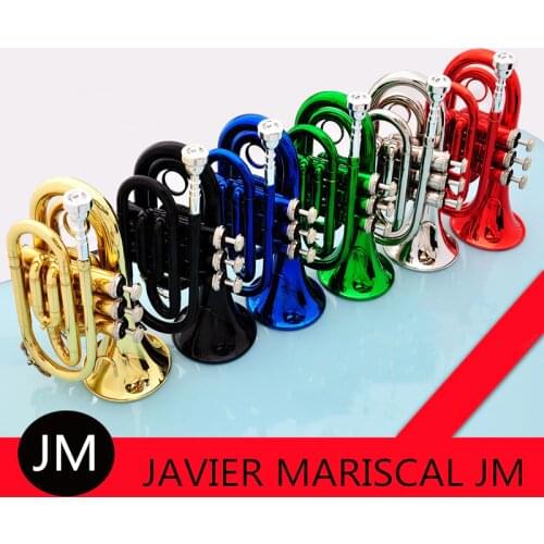 JM Mini Pocket Trumpet Bb Flat Brass Wind Instrument with Mouthpiece Gloves Cleaning Cloth Carrying Case