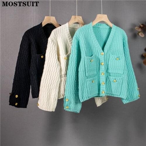 Elegant Vintage Knitted Cardigan Tops Women Full Sleeve V-neck Pockets Short Sweater Solid Chic Stylish Ladies Jumpers Knitwear