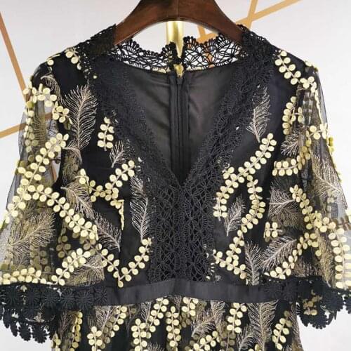 Runway Fashion Women Flare Sleeve V-Neck Luxury Flower Embroidery Black Maxi Long Party Holiday Dress