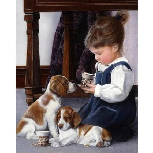 Girl and dog cute child Needlework Aida Cross stitch 14CT Unprinted Embroidery kits Arts Cross-Stitching,DIY Handmade Home Decor