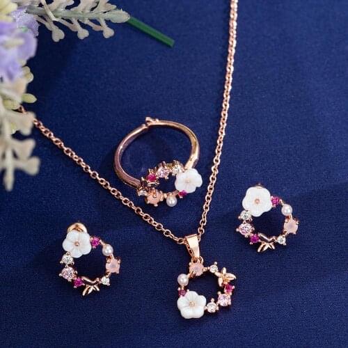 New Arrival Zircon Jewelry Sets Flowers Charm Necklace Ring Earrings Bridal Wedding Jewelry Valentines Day Gift For Women