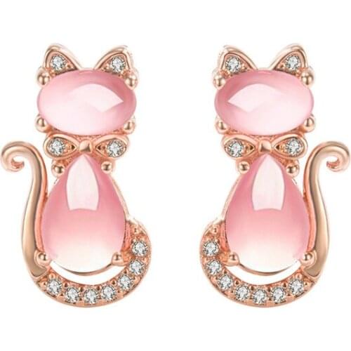 Simple pink crystal cat earrings female diamond hibiscus stone cat earrings cute cat earrings earrings wholesale