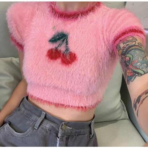 2021 Women Spring Autumn Fashion Crop Top Slim Velvet Cherry T-shirt Short Sleeve T-shirt Sweater Girls Casual Tee Top Clothes