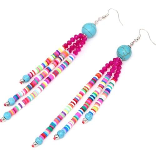 VONNOR Bohemian Long Earrings Polymer Clay Crystal Bead String Tassel Fashion Women Jewelry 2021 New Drop Earrings