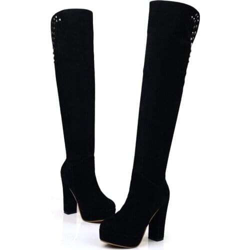 Retro Western Cowboy Boots for Women Pointed Toe Womens Shoes Brand Rivets Leather Shoes Over The Knee Chunky Wedges Boot