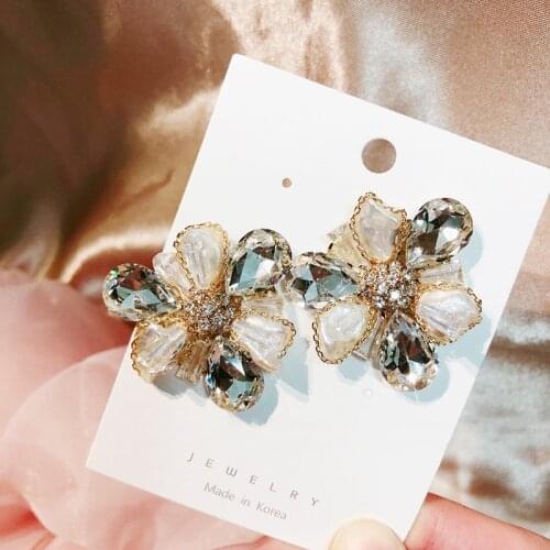 MENGJIQIAO Hot Sale Korean Japan Freshwater Pearl Flower Stud Earrings For Women Waterdrop Crystal Wedding Jewelry Oorbellen