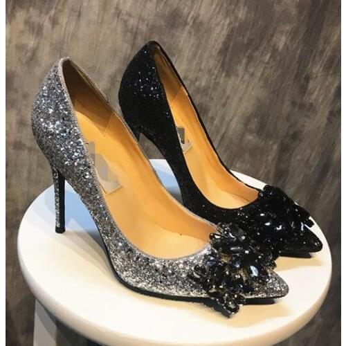 Blingbling woman Pointed toe rhinestones high heel bridal shoes crystal sequins high heel stilettos bridesmaid dress shoes