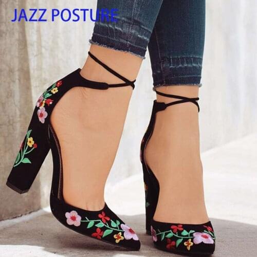 2020 Spring Women High Heels Plus Size Embroidery Pumps Flower Ankle Strap Shoes Female Two Piece Sexy Party Wedding Pointed Toe