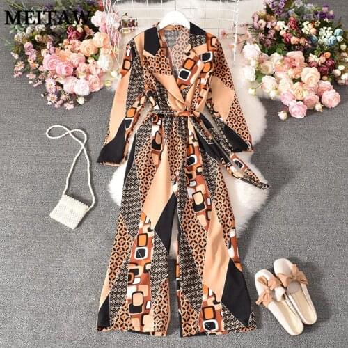 Spring Print Wide Leg Jumpsuits Casual High Waist Long Sleeve Suit Playsuit 2021 Women Vintage Sashes V-Neck Rompers