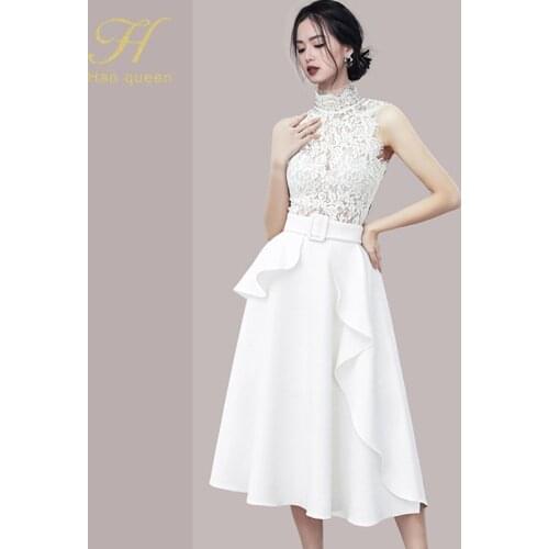 H Han Queen 2021 Summer Lace Round Neck Ruffled Sleeveless New Big Swing French Style Casual Dress Fashion Ruffle White Dresses