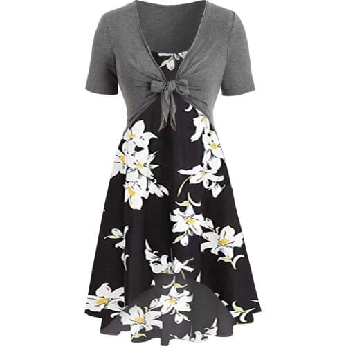 Women Summer Dress Suit Short Sleeve Bowknot Cardigan Top Floral Print Mini Dress Set 2021 Female Cocktail Party Dresses A30