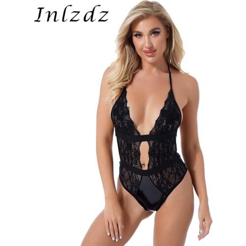 Womens Lingerie Hot Lace-up Bodysuit Plunging Neckline Halter High Cut Nightwear Patent Leather See-through Lace Leotard Catsuit