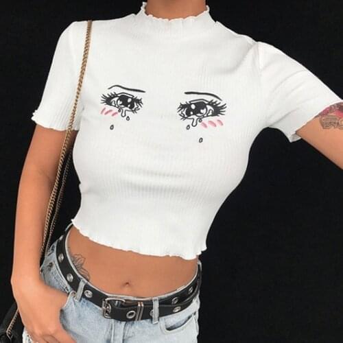 Anime Girls Cosplay Vest Pullovers Cartoon Embroidery Cute Crying Eye Lolita Costume Women Open Navel Thin Short Sleeve
