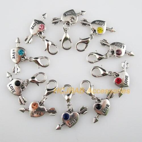 10 New Heart 10.5x21mm Charms Mixed Round Crystal Tibetan Silver Plated Retro With Lobster Claw Clasps
