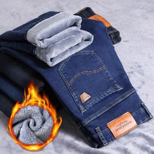 2021 Winter Thermal Warm Stretch Blue Black Jeans Mens New High Quality Brand Fleece Pants Men Straight Trousers Jean