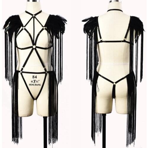 Black Feather Tassel Body Harness Belt Set Goth Rave Pole Dance Wear Bondage Lingerie Harness Fetish Strap Adjust Body Cage Bra