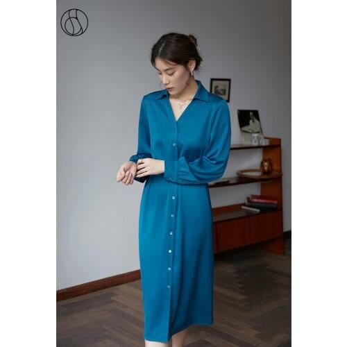DUSHU Women Soft Skin-friendly Shirt Collar Dresses Solid Satin Fabric Women Temperament Vintage Commuter Belt Shirt Dresses