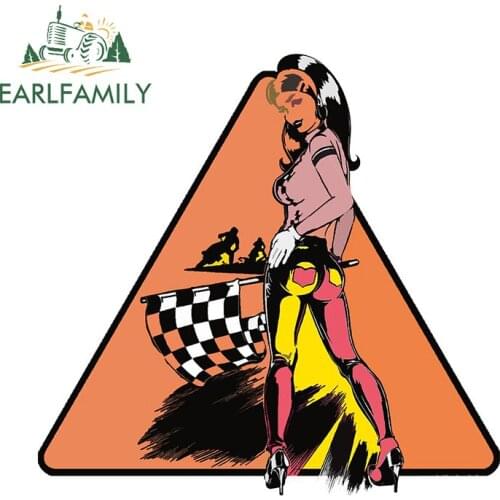 EARLFAMILY 13cm x 12.7cm for Checkered Flag Girl Car Stickers Anime Decals Waterproof Motorcycle Decal DIY Vinyl Car Wrap