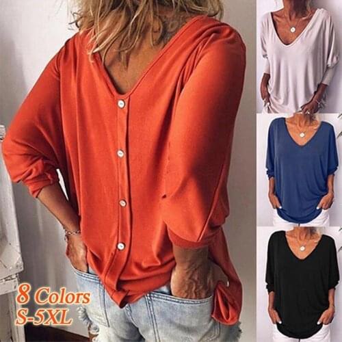 Women Seven Sleeve V-neck T shirt Female 2019 Spring Autumn Ladies Back Button Tops Tee Shirt Plus Size 5XL White Black Orange