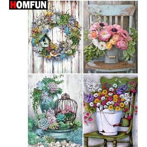 HOMFUN Paint With Diamond Embroide”Vase of flowers" Diamond Painting Full Square Round Picture Of Rhinestone Decor