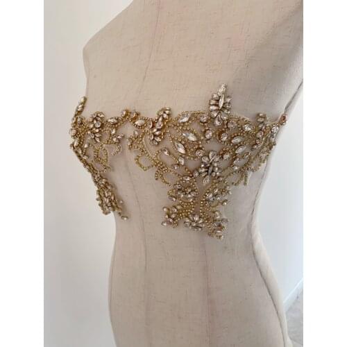 2 pcs Gold Crystal Rhinestone Applique Heavy Bead Handmade Rhinestone Applique For Couture