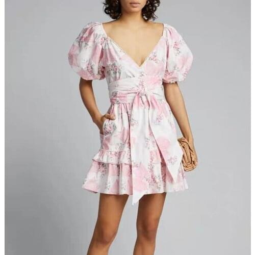 Summer Dress Women 2020 New Holiday and Vocation Flower Printed Lantern Sleeve Dress Sexy V-neck Mini Dress Women Clothes TG