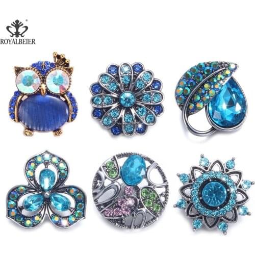 ROYALBEIER 6pcs/lot Mixed 18mm Snap Rhinestone Metal Snap Mix Pack Newest Styles Series Snaps Charms Snap Jewelry Making