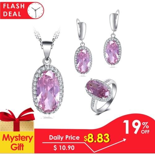 Ayowei Trendy Cute Romantic pink Zircon Oval For Girl Anniversary gift 925 Earring Necklace Ring Jewelry Set JS758A