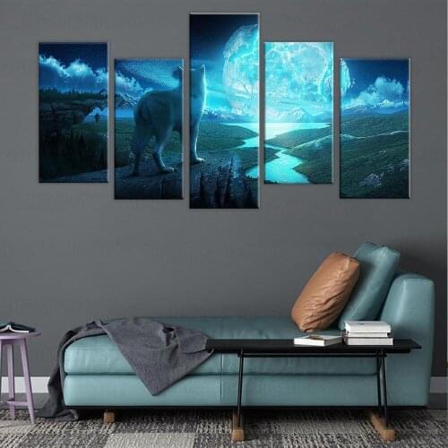 Canvas Wall Art Pictures HD Prints Modular Living Room Decor 5 Piece The Wolf And The Planet Paintings Framework Animal Posters