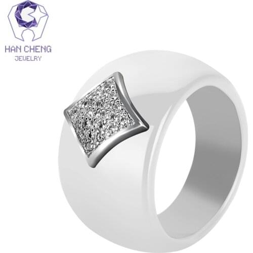 HanCheng New Fashion Luxury Geometric Gem Stone Silver AAA Cubic Zirconia Ceramic Ring Statement Rings For Women Jewelry Bijoux