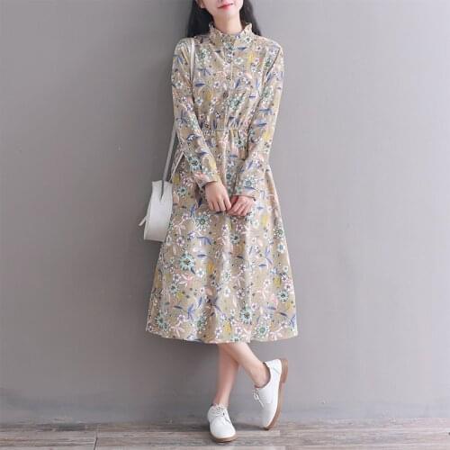 Autumn winter corduroy dress 2018 new fashion long sleeve vintage floral printing dress