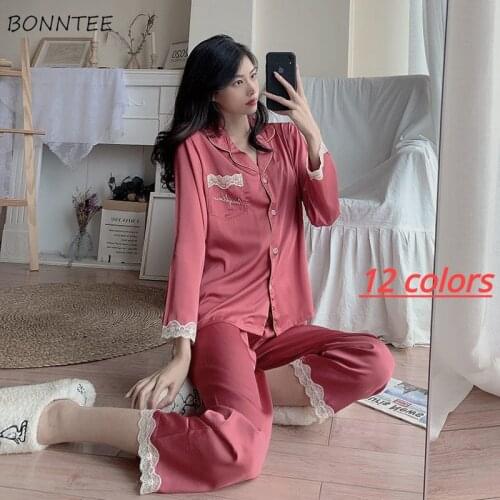 Pajama Sets Women BF Lace Patchwork Feminino Elegant Long Sleeve Fall Soft College Sleepwear Fashion Ins Nightwear Simple Nighty