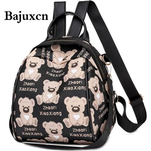 Cute Printed Bear Girl Backpack 2021 Summer New Soft Leather Youth Girl Black School Bag Multi-purpose Shoulder Travel Bag