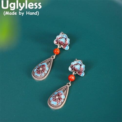 Uglyless Retro Enamel Lotus Necklaces Studs Earrings Women Multi Chain Tassel Pendants+Chain 925 Silver Ethnic Jewelry Sets Jade