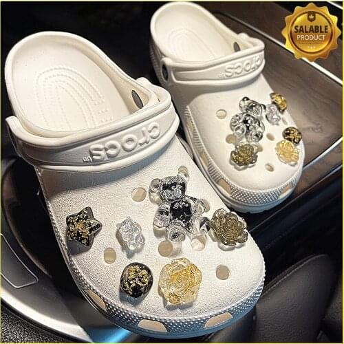 Gold Foil Transparent Bear Croc Charms Designer DIY 3D Cute Flowers Shoes Decaration JIBBITS For Croc Clogs Kids Girls Gifts