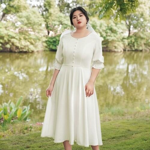 Evening Dresses Button O-Neck Half Sleeves Tea-Length A-Line Zipper Back White Ruched Simple Plus Size Women Formal Gowns D467