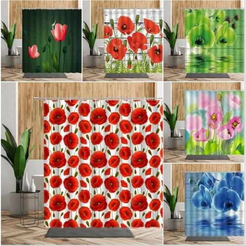 Spring Flowers Bathroom Shower Curtain Red Poppy Phalaenopsis Tulip 3D Printing Bathtub Screen Waterproof Polyester Bath Curtain