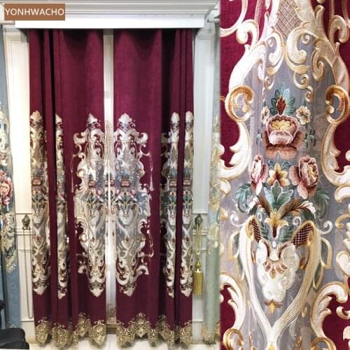 Custom curtain European villa luxury atmosphere living room hollow embroidered red cloth blackout curtain tulle drapery C774