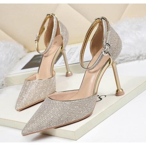 Women sandals PU Sequined Cloth Buckle Strap 6.5CM 9.5CM Thin Heels High heels Pointed Toe Shallow women shoes size 35-42