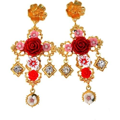 Rongho Women Baroque Vintage Crystal Cross stud earrings fashion Ceramic flower earring Pendant Hiphop Femme Wedding Brincos