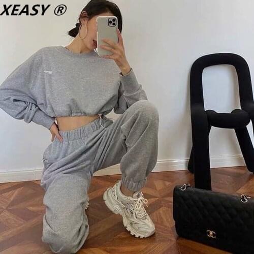 XEASY 2021 Women 2-Piece Set Autumn Vintage Gray Cropped Terry Short Sweatere Female Casual Elasticated Terry Sweatpants Suit