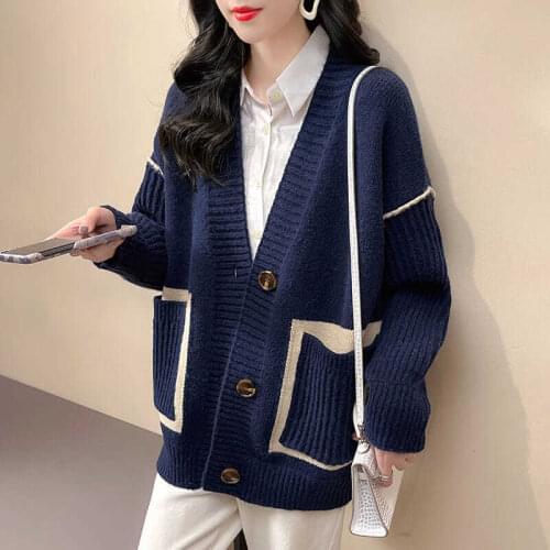 Ladies sweater 2021 new women loose autumn and winter fashion v-neck long-sleeved single-breasted knitted cardigan top casual