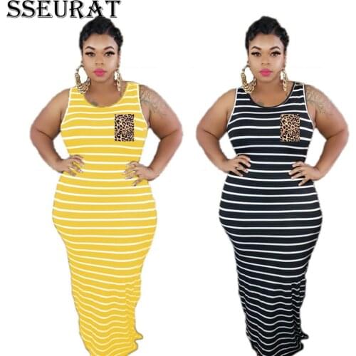 SSEURAT Women Plus Size XL-4XL Striped Print Sleeveless O-neck Sleeveless Streetwear Bodycon Long Dress