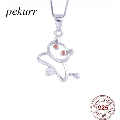 Pekurr 925 Sterling Silver Cute Ruby Cartoon Kitty Cat Necklace For Women Crystal Animal Pendant Girl Kids Fashion Jewelry Gift